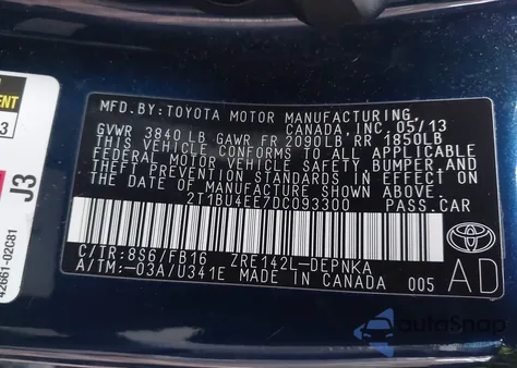 2013 Toyota Corolla Le из США, поврежденный, VIN 2T1BU4EE7DC093300